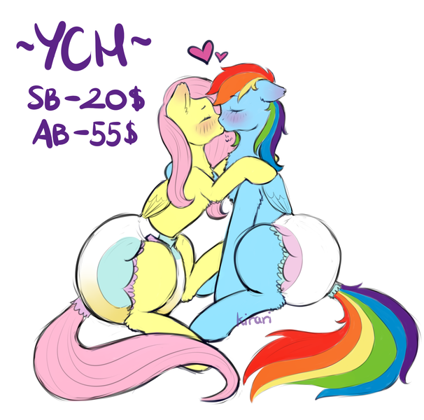 Size: 3543x3507 | Tagged: questionable, artist:kirari_chan, derpibooru import, fluttershy, rainbow dash, pegasus, pony, auction, auction open, blushing, chest fluff, commission, couple, cute, diaper, diaper fetish, duo, duo female, ear blush, ear fluff, eyes closed, female, fetish, flutterdash, folded wings, heart, image, kissing, lesbian, love, mare, png, poofy diaper, shipping, shy, sitting, sketch, wet diaper, wings, ych example, ych sketch, your character here, your character here auction