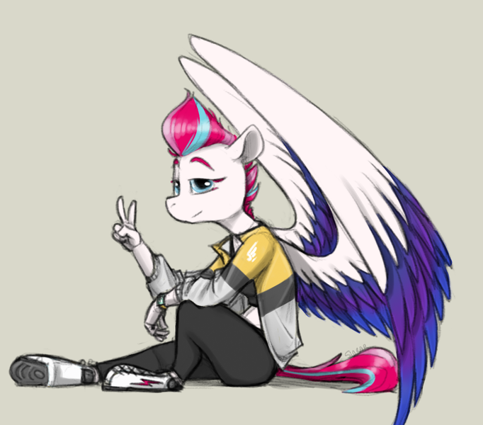 Size: 1168x1027 | Tagged: safe, artist:sinrar, derpibooru import, zipp storm, anthro, unguligrade anthro, clothes, female, g5, image, jacket, leggings, peace sign, png, shoes, signature, simple background, sitting, smiling, solo, sports bra