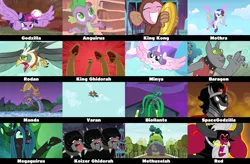 Size: 1280x840 | Tagged: safe, derpibooru import, edit, edited screencap, screencap, cerberus (character), king sombra, lord tirek, mane-iac, pinkie pie, princess flurry heart, queen chrysalis, rarity, rover, spike, steven magnet, twilight sparkle, twilight sparkle (alicorn), alicorn, bird, centaur, cerberus, changeling, changeling queen, diamond dog, dragon, earth pony, flying squirrel, hydra, pony, roc, sea serpent, squirrel, taur, tortoise, turtle, unicorn, a dog and pony show, bridle gossip, feeling pinkie keen, friendship is magic, may the best pet win, molt down, power ponies (episode), school raze, season 1, season 2, season 4, season 6, season 8, season 9, sonic rainboom (episode), the beginning of the end, the crystalling, to where and back again, twilight's kingdom, spoiler:s08, spoiler:s09, anguirus, apple, apple tree, artificial wings, augmented, baby, baby dragon, baby pony, baragon, biollante, butterfly wings, cage, caption, changeling hive, cloud, cocoon, creepypasta, cymbal monkey, cymbals, evil grin, female, filly, flying, foal, food, giant tortoise, glimmer wings, godzilla, godzilla (series), golden oaks library, gossamer wings, grin, image, kaizer ghidorah, king ghidorah, king kong, library, magic, magic wings, male, manda, mare, maretropolis, megaguirus, meme, methuselah, minilla, minya, monkey costume, monsterverse, mothra, multiple heads, musical instrument, nes godzilla creepypasta, png, portrayed by ponies, red, river, rodan, sky, slasher smile, smiling, super saiyan princess, sweet apple acres, tartarus, text, three heads, toho, tree, twilight vs tirek, wall of tags, water, wings