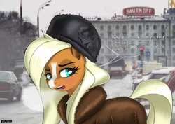 Size: 4961x3508 | Tagged: safe, derpibooru import, pony, blonde hair, blue eyes, clothes, cold, female, fur coat, hat, image, jpeg, mare, orange fur, russia, snow, solo, solo female, speech bubble, street, winter, winter outfit