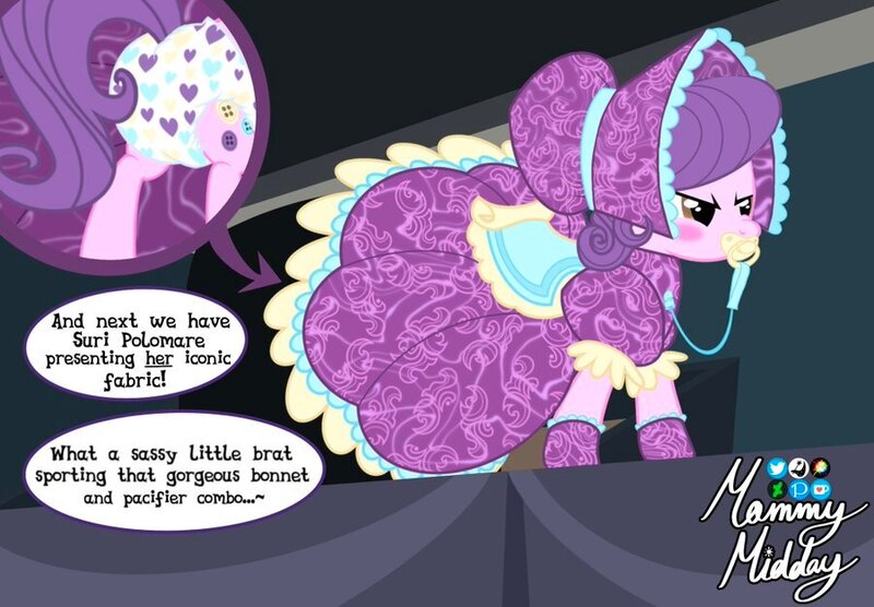 Size: 900x625 | Tagged: questionable, artist:mommymidday, derpibooru import, suri polomare, earth pony, pony, abdl, adult foal, angry, blushing, bonnet, booties, clothes, comeuppance, cutie mark, diaper, diaper fetish, dress, embarrassed, fetish, humiliation, image, jpeg, offscreen character, pacifier, pacifier clip, photo, runway, saddle, show accurate, show accurate porn, signature, sissy, solo, stage, tack