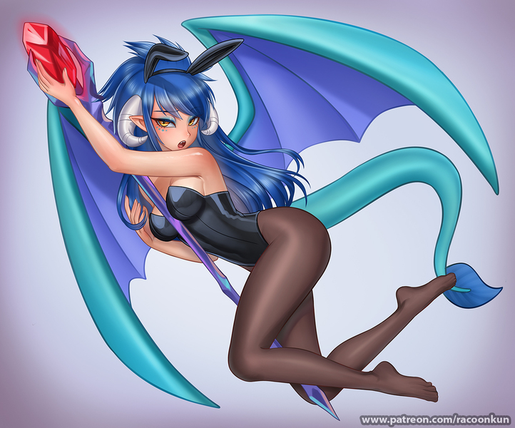 Size: 1300x1081 | Tagged: suggestive, artist:racoonsan, derpibooru import, princess ember, human, bedroom eyes, bloodstone scepter, blushing, breasts, bunny suit, clothes, female, horn, horned humanization, humanized, image, jpeg, playboy bunny, socks, solo, solo female, staff, stockings, tail, tailed humanization, thigh highs, winged humanization, wings