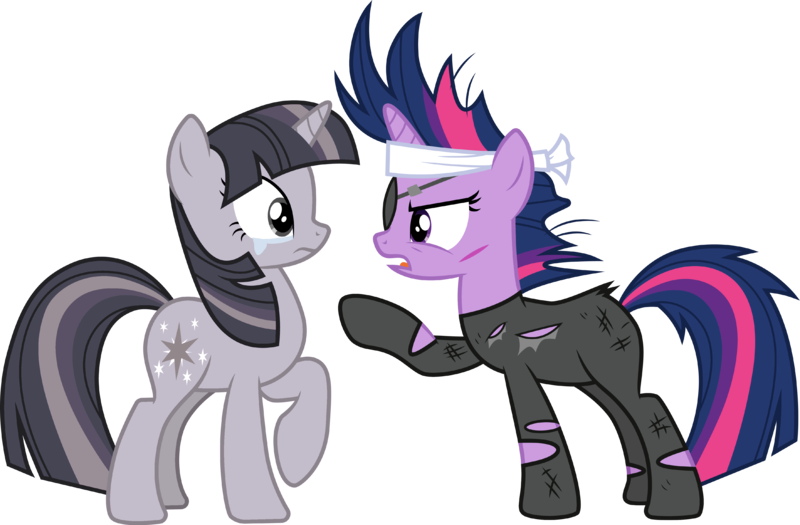 Size: 4096x2687 | Tagged: safe, artist:cloudyglow, artist:wardex101, derpibooru import, edit, twilight sparkle, pony, unicorn, it's about time, alternate hairstyle, angry, crying, crylight sparkle, discorded, discorded twilight, duo, duo female, eye contact, eyepatch, female, future twilight, high res, horn, image, looking at each other, looking at someone, mare, multicolored mane, multicolored tail, open mouth, png, pointing, purple eyes, raised hoof, self paradox, self ponidox, shocked, simple background, standing, tail, time paradox, transparent background, twilight tragedy, unicorn twilight, vector
