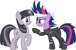 Size: 4096x2687 | Tagged: safe, artist:cloudyglow, artist:wardex101, derpibooru import, edit, twilight sparkle, pony, unicorn, it's about time, alternate hairstyle, angry, crying, crylight sparkle, discorded, discorded twilight, duo, duo female, eye contact, eyepatch, female, future twilight, high res, horn, image, looking at each other, looking at someone, mare, multicolored mane, multicolored tail, open mouth, png, pointing, purple eyes, raised hoof, self paradox, self ponidox, shocked, simple background, standing, tail, time paradox, transparent background, twilight tragedy, unicorn twilight, vector