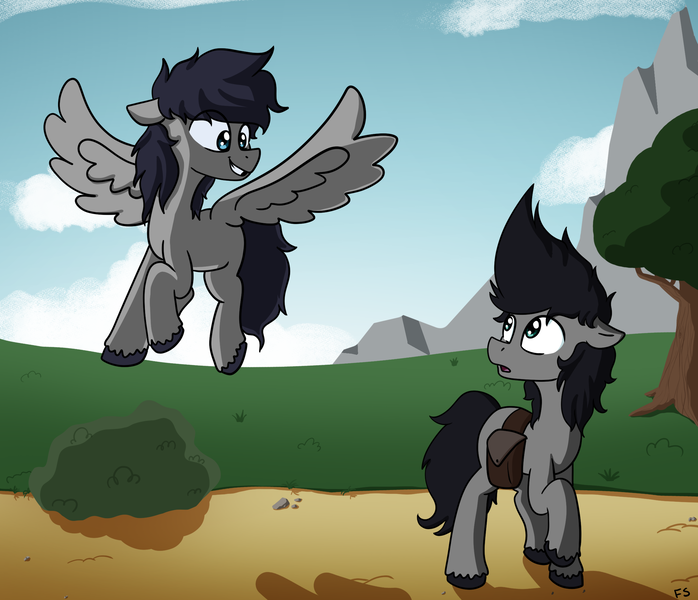 Size: 2364x2031 | Tagged: safe, artist:dark shadow, derpibooru import, oc, oc:dark shadow, oc:flippy, unofficial characters only, earth pony, pegasus, pony, bag, bush, earth pony oc, eye clipping through hair, flying, grin, high res, image, looking at each other, looking at someone, mountain, open mouth, pegasus oc, png, raised hoof, saddle bag, satchel, smiling, spread wings, tree, unshorn fetlocks, wings