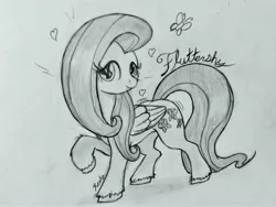 Size: 4160x3120 | Tagged: safe, artist:reekosukanku, derpibooru import, fluttershy, pegasus, pony, cursive writing, cute, daaaaaaaaaaaw, full body, heart, high res, image, jpeg, looking at you, monochrome, pencil drawing, photo, raised hoof, simple background, smiling, smiling at you, solo, traditional art