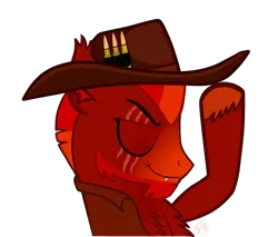 Size: 1293x1100 | Tagged: safe, artist:firehearttheinferno, derpibooru import, oc, oc:lance longmane, unofficial characters only, pegasus, fallout equestria, beard, blaze (coat marking), bullet, chest fluff, clothes, coat markings, cowboy hat, cute, cute little fangs, digital art, ear fluff, ear tufts, eyes closed, facial hair, facial markings, fallout equestria: equestria the beautiful, fangs, flexing, goatee, hat, hat tip, image, leaning back, leather, mohawk, muscles, muttonchops, orange eyes, orange mane, pegasus oc, persona, png, pose, raised hoof, reaction image, red mane, scar, simple background, smiling, smug, solo, swag, transparent background, vest, wings