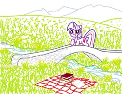 Size: 1288x992 | Tagged: safe, artist:purblehoers, derpibooru import, twilight sparkle, pony, unicorn, blanket, book, bridge, female, flower, grass, grass field, hill, image, looking at you, mare, mountain, ms paint, path, picnic blanket, png, raised hoof, river, smiling, solo, stone, stream, unicorn twilight, water