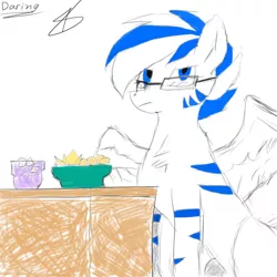 Size: 1000x1000 | Tagged: safe, derpibooru import, oc, oc:light speed, unofficial characters only, pegasus, pony, bowl, chips, cup, female, food, glasses, image, jpeg, looking at you, mare, table