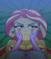 Size: 1200x1400 | Tagged: suggestive, artist:mashoart, derpibooru import, sunset shimmer, twilight sparkle, equestria girls, bed, blushing, breasts, busty sunset shimmer, image, jpeg, offscreen character, squishy cheeks