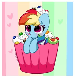 Size: 3886x4060 | Tagged: safe, artist:kittyrosie, derpibooru import, part of a set, rainbow dash, pegasus, pony, blushing, cake, chocolate, cute, dashabetes, food, heart eyes, high res, image, m&m's, png, rainbow background, simple background, tongue out, whipped cream, wingding eyes