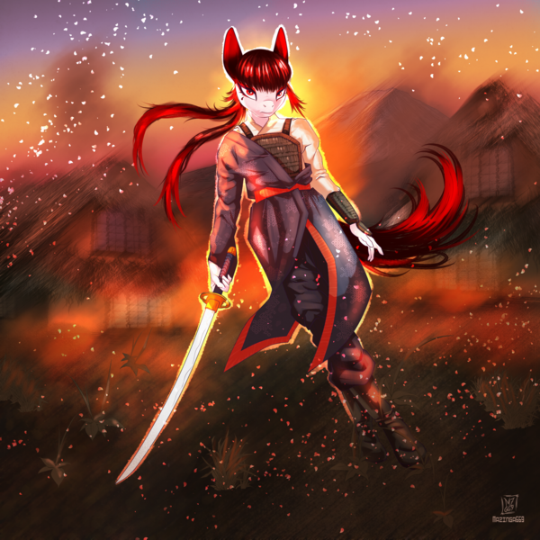 Size: 3500x3500 | Tagged: semi-grimdark, derpibooru import, oc, oc:red fane, anthro, human, original species, pegasus, adventure, anthro oc, artists:mazinga669, blade, book, burning, burning village, commission, embers, female, fire, humanized, image, japan, japanese, katana, moon runes, mountain, pegasus oc, png, red eyes, samurai, samurai oc, solo, solo female, sword, village, weapon, wings, ych result