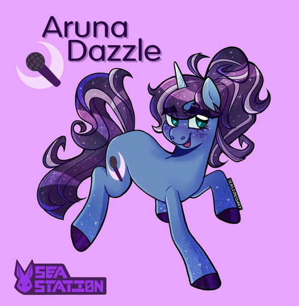 Size: 1440x1470 | Tagged: safe, artist:seasemissary, derpibooru import, oc, oc:aruna dazzle, pony, unicorn, female, image, jpeg, magical lesbian spawn, mare, offspring, parent:coloratura, parent:princess luna, pink background, simple background, solo