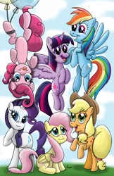 Size: 1200x1855 | Tagged: safe, artist:ronaldhennessy, derpibooru import, applejack, fluttershy, pinkie pie, rainbow dash, rarity, twilight sparkle, twilight sparkle (alicorn), alicorn, earth pony, pegasus, pony, unicorn, balloon, floating, image, mane six, png, then watch her balloons lift her up to the sky, tongue out, upside down