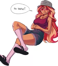 Size: 903x1014 | Tagged: safe, artist:nairdags, derpibooru import, sunset shimmer, equestria girls, crossed legs, female, geode of empathy, glasses, image, jpeg, magical geodes, meme, no bitches?, simple background, solo, speech bubble, white background