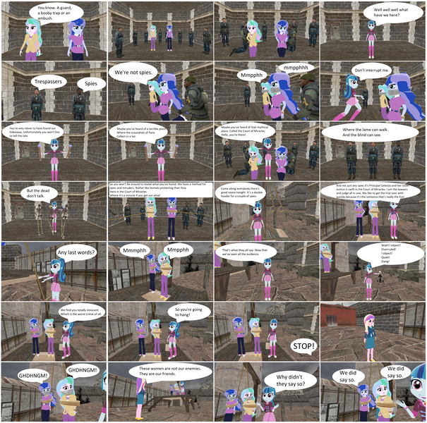 Size: 4768x4728 | Tagged: safe, artist:brightstar40k, derpibooru import, princess cadance, princess celestia, princess luna, sonata dusk, human, equestria girls, cloth gag, dean cadance, execution, gag, humanized, hunchback of notre dame, image, png, principal celestia, scene interpretation, song, song reference, vice principal luna