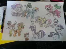 Size: 960x720 | Tagged: safe, artist:aslatavi, derpibooru import, angel bunny, applejack, fluttershy, gummy, opalescence, owlowiscious, pinkie pie, rainbow dash, rarity, tank, twilight sparkle, winona, alligator, bird, cat, dog, earth pony, owl, pegasus, pony, rabbit, tortoise, unicorn, 2013, animal, image, jpeg, logo, mane six, pencil, pencil drawing, traditional art