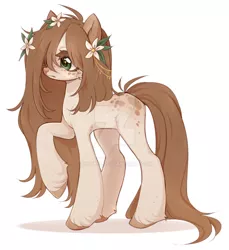 Size: 1024x1116 | Tagged: safe, artist:miioko, derpibooru import, oc, unofficial characters only, earth pony, pony, deviantart watermark, earth pony oc, flower, flower in hair, image, jpeg, obtrusive watermark, raised hoof, simple background, solo, watermark, white background