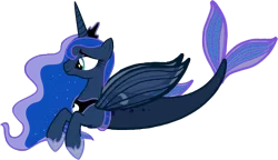 Size: 2177x1250 | Tagged: safe, artist:saphirabjarskular, derpibooru import, princess luna, alicorn, merpony, pony, clothes, crown, dorsal fin, ethereal mane, female, fin wings, fins, fish tail, flowing mane, flowing tail, green eyes, hoof shoes, horn, image, jewelry, mare, mermaid tail, png, regalia, seaponified, seapony luna, see-through, simple background, smiling, solo, species swap, starry mane, tail, transparent background, wings