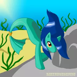 Size: 1220x1220 | Tagged: safe, artist:rinkunokoisuru, derpibooru import, oc, unofficial characters only, hippocampus, hybrid, merpony, sea pony, seapony (g4), blank flank, blue mane, crepuscular rays, fish tail, flowing mane, flowing tail, image, male, ocean, png, red eyes, rock, sand, seaweed, solo, sunlight, swimming, tail, underwater, water