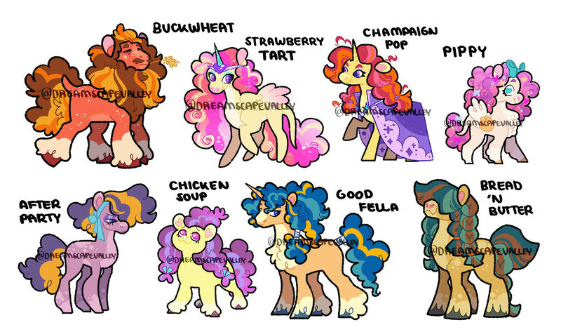 Size: 1600x946 | Tagged: safe, artist:dreamscapevalley, derpibooru import, oc, oc:afterparty, oc:bread n' butter, oc:buckwheat, oc:champaign pop, oc:chicken soup, oc:good fella, oc:pippy, oc:strawberry tart, unofficial characters only, earth pony, pegasus, pony, unicorn, cape, clothes, female, hair over eyes, image, jewelry, jpeg, magical gay spawn, male, mare, offspring, parent:big macintosh, parent:cheese sandwich, parent:marble pie, parent:maud pie, parent:moondancer, parent:pinkie pie, parent:princess cadance, parent:shining armor, parents:cheesearmor, parents:cheesedance, parents:cheesepie, parents:mac n cheese, parents:marblesandwich, parents:maudwich, parents:mooncheese, parents:sugarsandwich, simple background, stallion, straw in mouth, tiara, white background