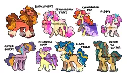 Size: 1600x946 | Tagged: safe, artist:dreamscapevalley, derpibooru import, oc, oc:afterparty, oc:bread n' butter, oc:buckwheat, oc:champaign pop, oc:chicken soup, oc:good fella, oc:pippy, oc:strawberry tart, unofficial characters only, earth pony, pegasus, pony, unicorn, cape, clothes, female, hair over eyes, image, jewelry, jpeg, magical gay spawn, male, mare, offspring, parent:big macintosh, parent:cheese sandwich, parent:marble pie, parent:maud pie, parent:moondancer, parent:pinkie pie, parent:princess cadance, parent:shining armor, parents:cheesearmor, parents:cheesedance, parents:cheesepie, parents:mac n cheese, parents:marblesandwich, parents:maudwich, parents:mooncheese, parents:sugarsandwich, simple background, stallion, straw in mouth, tiara, white background