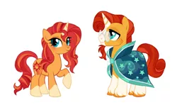 Size: 832x494 | Tagged: safe, artist:deadmouseseverywhere, derpibooru import, sunburst, sunset shimmer, pony, unicorn, alternate design, base used, blaze (coat marking), brother and sister, coat markings, duo, facial markings, female, headcanon, image, male, mare, png, siblings, simple background, socks (coat marking), stallion, sunny siblings, unshorn fetlocks, white background