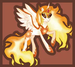 Size: 1170x1038 | Tagged: safe, artist:heatherberserker, derpibooru import, daybreaker, alicorn, pony, brown background, female, hoof shoes, image, mane of fire, mare, peytral, png, simple background, solo