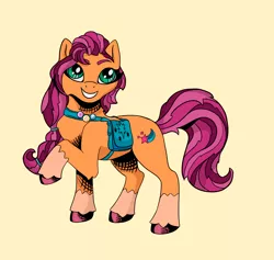 Size: 2428x2302 | Tagged: safe, artist:heatherberserker, derpibooru import, sunny starscout, earth pony, pony, bag, female, g5, grin, image, mare, png, saddle bag, simple background, smiling, solo, unshorn fetlocks, yellow background
