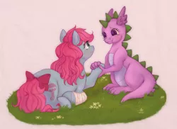 Size: 1280x930 | Tagged: safe, artist:kotletova, derpibooru import, baby cuddles, spike (g1), dragon, pony, baby, baby dragon, bandage, bow, g1, holding hands, holding hooves, image, png, tail, tail bow