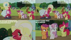 Size: 1280x720 | Tagged: safe, derpibooru import, edit, edited screencap, editor:quoterific, screencap, apple bloom, big macintosh, bon bon, lyra heartstrings, scootaloo, sweetie belle, sweetie drops, earth pony, pegasus, pony, unicorn, brotherhooves social, season 5, apple bloom's bow, bow, crossdressing, cutie mark crusaders, female, filly, foal, grin, hair bow, image, jpeg, male, mare, open mouth, open smile, orchard blossom, smiling, stallion, text