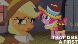 Size: 1280x720 | Tagged: safe, derpibooru import, edit, edited screencap, editor:quoterific, screencap, applejack, chancellor puddinghead, pinkie pie, smart cookie, earth pony, pony, hearth's warming eve (episode), season 2, cute, diapinkes, duo, female, grin, image, jpeg, mare, open mouth, smiling, text