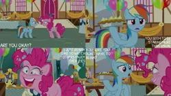 Size: 1280x720 | Tagged: safe, derpibooru import, edit, edited screencap, editor:quoterific, screencap, caramel, pinkie pie, rainbow dash, earth pony, pegasus, pony, unicorn, season 7, secrets and pies, balloon, crying, duo focus, female, food, image, male, mare, open mouth, open smile, pie, png, shrunken pupils, smiling, stallion, text
