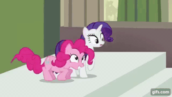 Size: 640x360 | Tagged: safe, derpibooru import, screencap, pinkie pie, rarity, earth pony, pony, unicorn, season 6, the gift of the maud pie, ^^, animated, cute, diapinkes, duo, eyes closed, female, gif, gifs.com, image, jumping, mare, nose in the air, open mouth, open smile, smiling, stairs, uvula, volumetric mouth