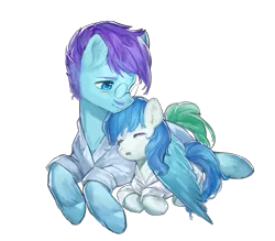 Size: 2751x2405 | Tagged: safe, artist:卯卯七, derpibooru import, oc, oc:dr.lancet dois, oc:dr.picsell dois, unofficial characters only, pegasus, pony, clothes, father and child, father and son, image, lab coat, lying down, lying on top of someone, male, png, sleeping, sleepy, stallion, unshorn fetlocks, wings