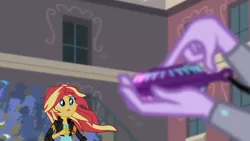 Size: 3410x1920 | Tagged: safe, derpibooru import, screencap, sci-twi, sunset shimmer, twilight sparkle, equestria girls, friendship games, canterlot high, clothes, female, high res, image, jacket, jpeg, leather, leather jacket, magic capture device, offscreen character, open mouth, solo focus, unleash the magic