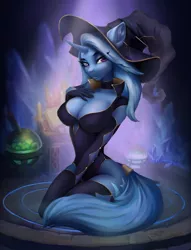 Size: 2356x3084 | Tagged: safe, artist:dacsy, derpibooru import, trixie, anthro, unicorn, big breasts, book, breasts, busty trixie, candle, choker, cleavage, clothes, crystal, curved horn, eyebrows, fingernails, hat, horn, image, jpeg, lectern, lidded eyes, looking at you, potion, socks, solo, thigh highs, witch, witch costume, witch hat