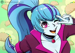 Size: 1169x827 | Tagged: safe, artist:doublewbrothers, derpibooru import, sonata dusk, equestria girls, blushing, breasts, cleavage, cute, food, gem, image, jpeg, looking at you, monochrome, one eye closed, open mouth, open smile, peace sign, siren gem, smiling, sonatabetes, taco, wink, winking at you