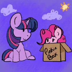 Size: 1000x1000 | Tagged: safe, artist:orbitingdamoon, derpibooru import, pinkie pie, twilight sparkle, twilight sparkle (alicorn), alicorn, earth pony, pony, unicorn, box, duo, image, jpeg, pony in a box