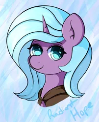 Size: 1110x1376 | Tagged: safe, artist:orbitingdamoon, derpibooru import, idw, radiant hope, crystal pony, pony, unicorn, bust, eyebrows, eyebrows visible through hair, female, image, looking at you, mare, png, smiling, smiling at you, solo