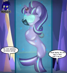 Size: 3840x4154 | Tagged: safe, artist:damlanil, derpibooru import, starlight glimmer, mermaid, pony, unicorn, bdsm, bodysuit, bondage, catsuit, clothes, comic, commission, encasement, female, horn, horn ring, image, implied rarity, implied twilight sparkle, jewelry, latex, latex suit, mare, png, ring, rubber, shiny, show accurate, solo, speech bubble, story, story included, suit, text, twilight's castle, underwater, vector, water tank