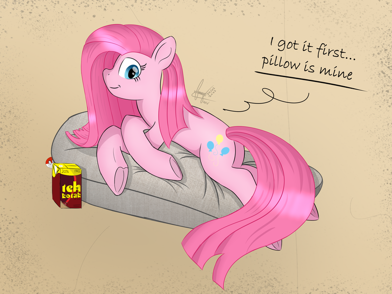 Size: 2400x1800 | Tagged: safe, artist:habiepon3, derpibooru import, pinkie pie, earth pony, pony, cute, dialogue, high res, image, juice, juice box, looking at you, lying down, pillow, pinkamena diane pie, png, simple background, smiling, solo
