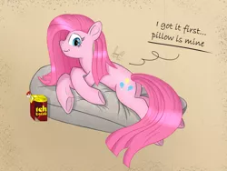 Size: 2400x1800 | Tagged: safe, artist:habiepon3, derpibooru import, pinkie pie, earth pony, pony, cute, dialogue, high res, image, juice, juice box, looking at you, lying down, pillow, pinkamena diane pie, png, simple background, smiling, solo