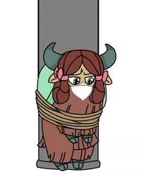 Size: 519x636 | Tagged: safe, artist:brightstar40k, derpibooru import, yona, yak, she's all yak, bored, bow, cloth gag, confused, cute, gag, hair bow, image, png, pole, rope, ropes, sad, scene interpretation, show accurate, tied up, unamused, upset, worried, yona is not amused, yonadorable