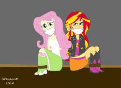 Size: 2338x1700 | Tagged: safe, artist:robukun, derpibooru import, fluttershy, sunset shimmer, equestria girls, angry, arm behind back, boots, cloth gag, clothes, danger, duo, gag, glare, help, help me, high heel boots, image, jacket, jpeg, looking at someone, looking at you, scared, shirt, shoes, skirt, sock, solo, struggling, tied up, worried