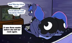 Size: 2695x1627 | Tagged: safe, artist:pencilfriend, derpibooru import, edit, princess luna, alicorn, ass, bed, butt, controller, crown, cutie mark, dialogue, image, jewelry, large butt, png, regalia, solo, television, the ass was fat, video game