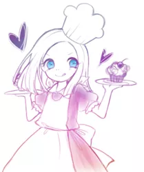 Size: 500x597 | Tagged: safe, derpibooru import, pinkie pie, ask young pinkamena, chef's hat, clothes, cupcake, cute, cuteamena, dress, floating heart, food, hat, heart, image, korean, looking at you, moon runes, pinkamena diane pie, plate, png, simple background, white background