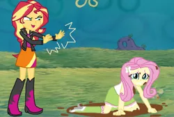 Size: 1090x733 | Tagged: safe, fluttershy, sunset shimmer, equestria girls, boots, clothes, duo, high heel boots, image, jacket, jpeg, mud, mud puddle, mud puddles, muddy puddle, muddy puddles, puddle, puddles, shirt, shoes, skirt, sock, solo