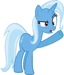 Size: 618x720 | Tagged: safe, artist:homersimpson1983, derpibooru import, edit, edited screencap, screencap, trixie, pony, unicorn, background removed, female, full body, hooves, horn, image, mare, not a vector, open mouth, png, raised eyebrow, raised hoof, simple background, solo, standing, tail, transparent background, two toned mane, two toned tail