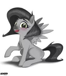 Size: 3018x3508 | Tagged: safe, derpibooru import, unnamed character, unnamed pony, oc, unnamed oc, pegasus, pony, black mane, black tail, dots, gray coat, green eyes, happy, image, jpeg, missing cutie mark, raised hoof, signature, sitting, smiling, spread wings, tail, wings